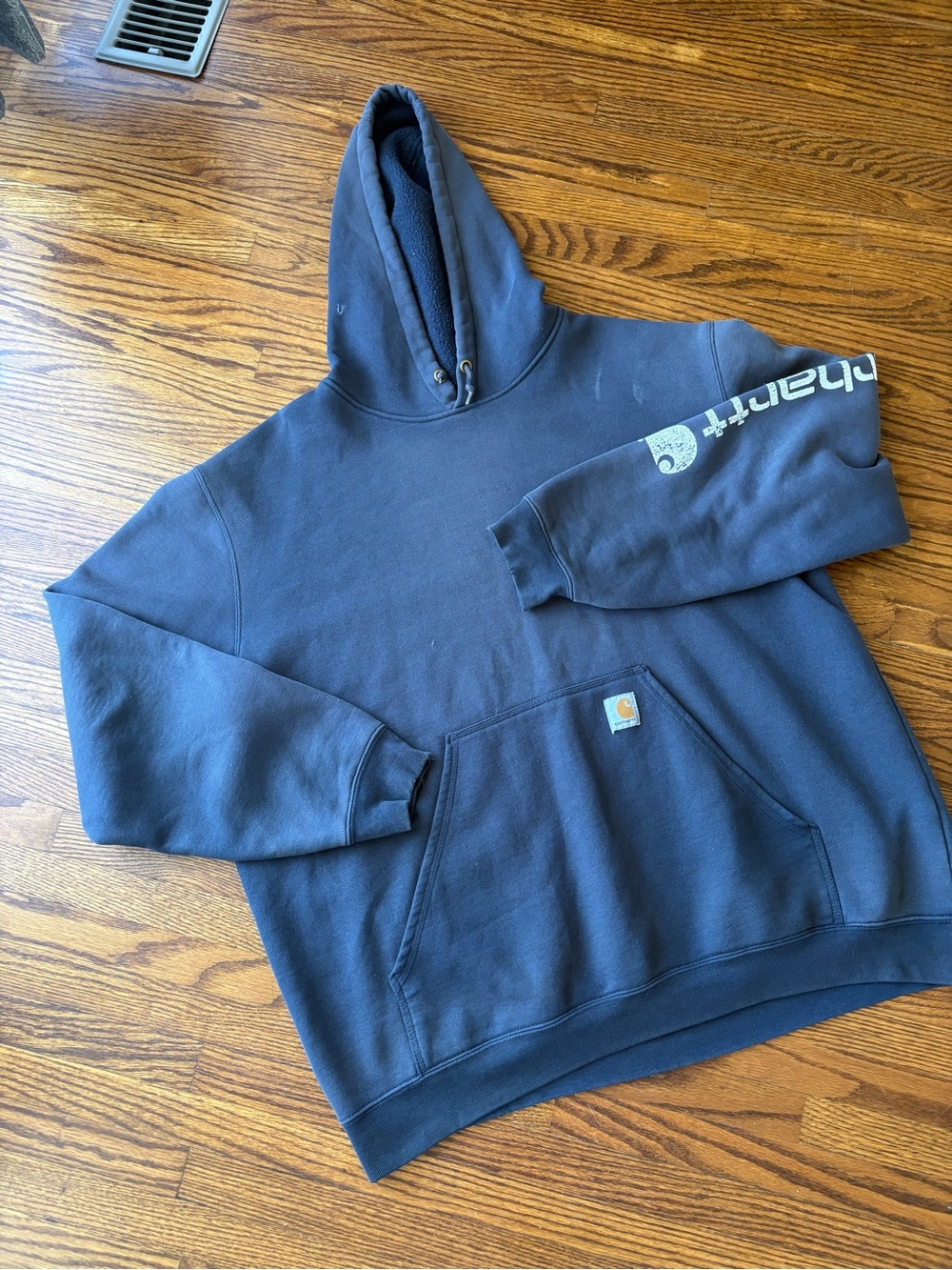 Carhartt Navy Crewneck Logo Sleeve Hooded Sweatshirt